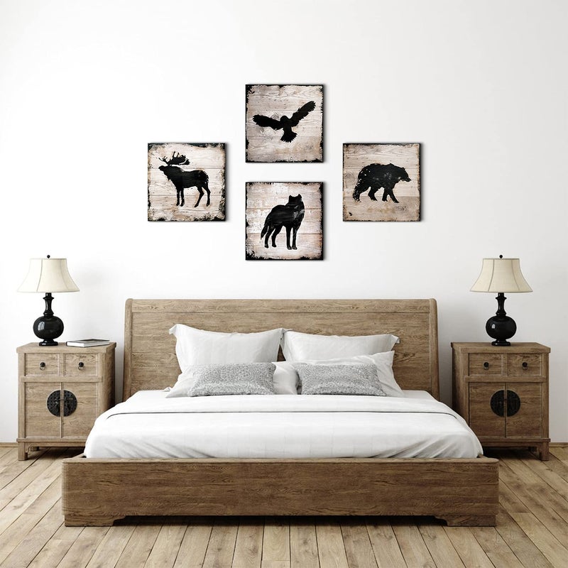 sunfrower Rustic Wildlife Wall Art Cabin Wall Decor Bear Pictures Woodland Animals Picture Farmhouse Moose Deer Canvas Painting Eagle Wolf Poster Nursery Artwork for Bedroom Lodge Home Decorations 12x12" 4P - Image 2